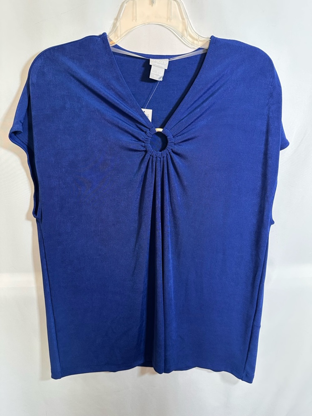 NWT Chico's Travelers Royal Blue O-Ring Draped Front Blouse Top Size 2 / Large